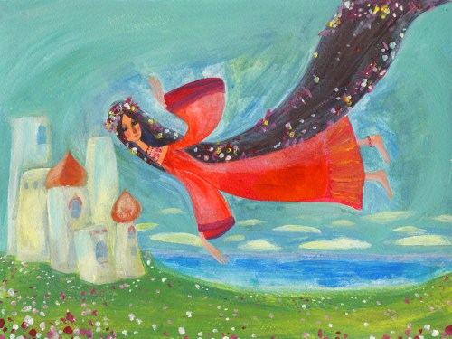A fairy flying over a field with a palace in the background